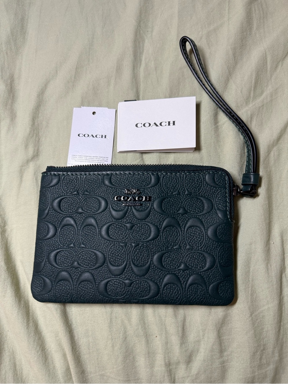Coach Embossed Signature Wristlet - Dark Green with Silver Hardware